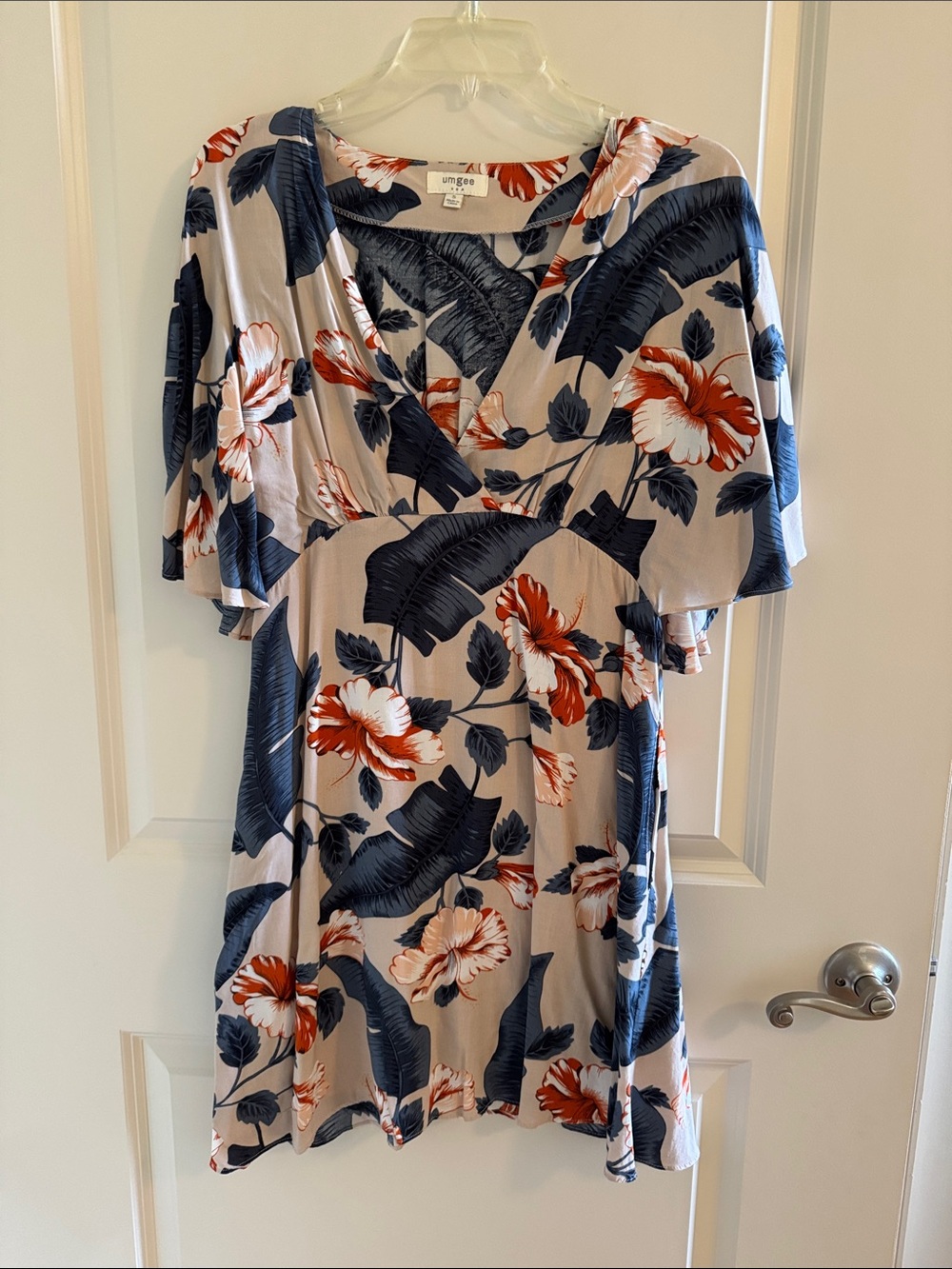 Umgee Beige Mini Dress with Navy Leaves & Rust Floral Print. Size-Small